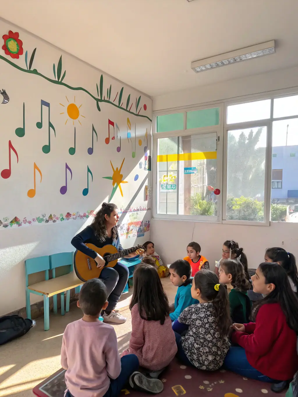 A picture of students participating in a music theory class, showing them engaged in learning about musical composition and structure.