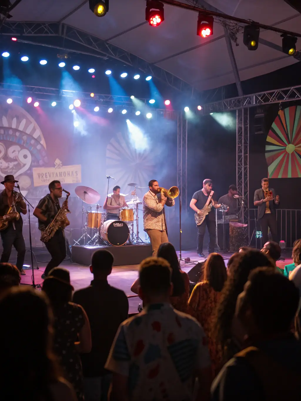 A photo of a jazz ensemble performing at a public concert, highlighting the energy and improvisation of the music.
