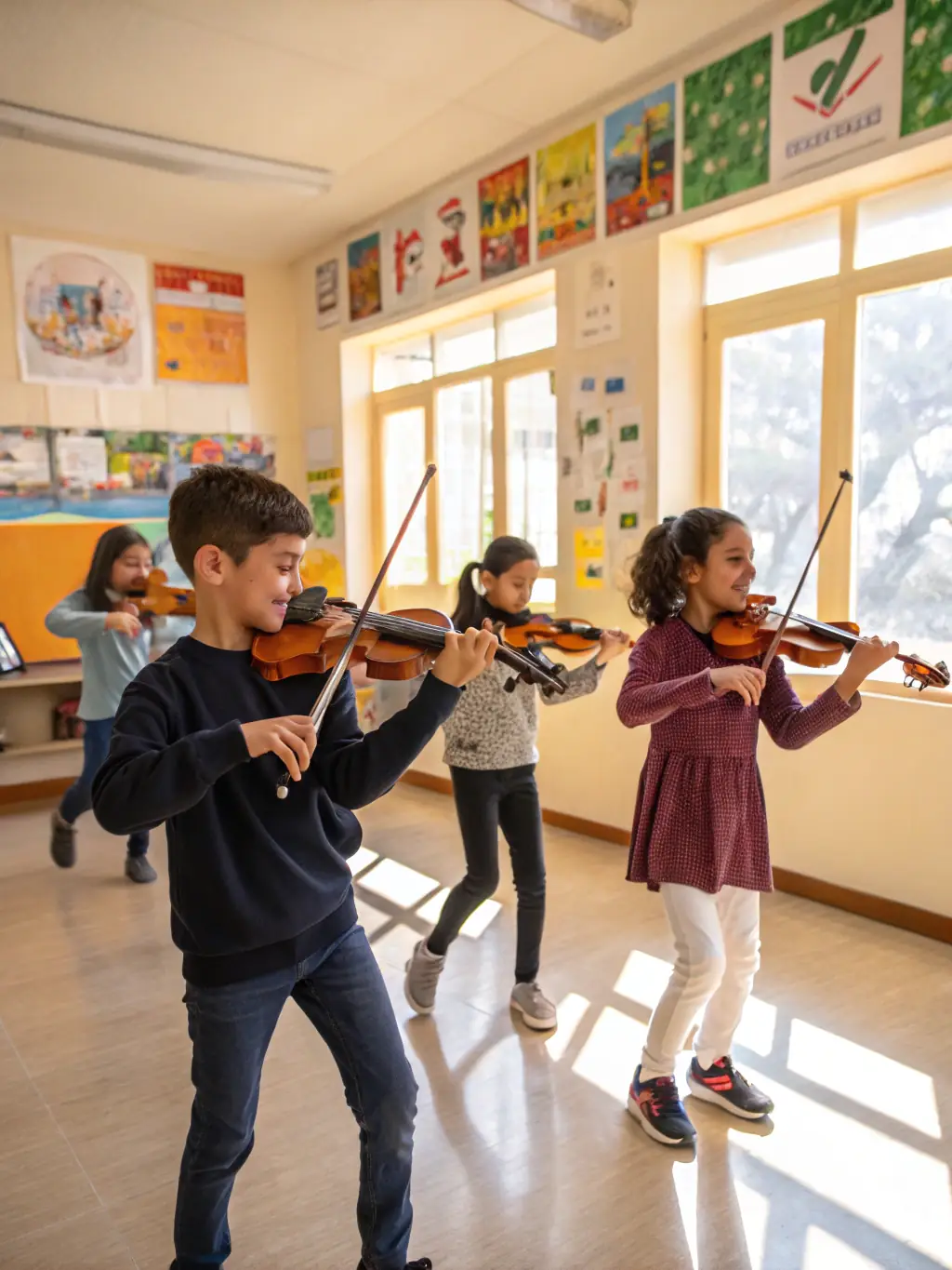 An image of a string quartet rehearsing in a classroom, focusing on their concentration and teamwork.