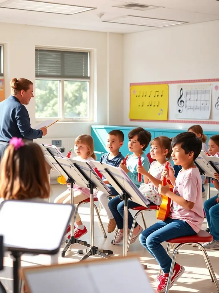 A vibrant photo of children participating in a music workshop, showcasing their engagement and enthusiasm, set in a classroom at the École Municipale de Musique in Longvic.